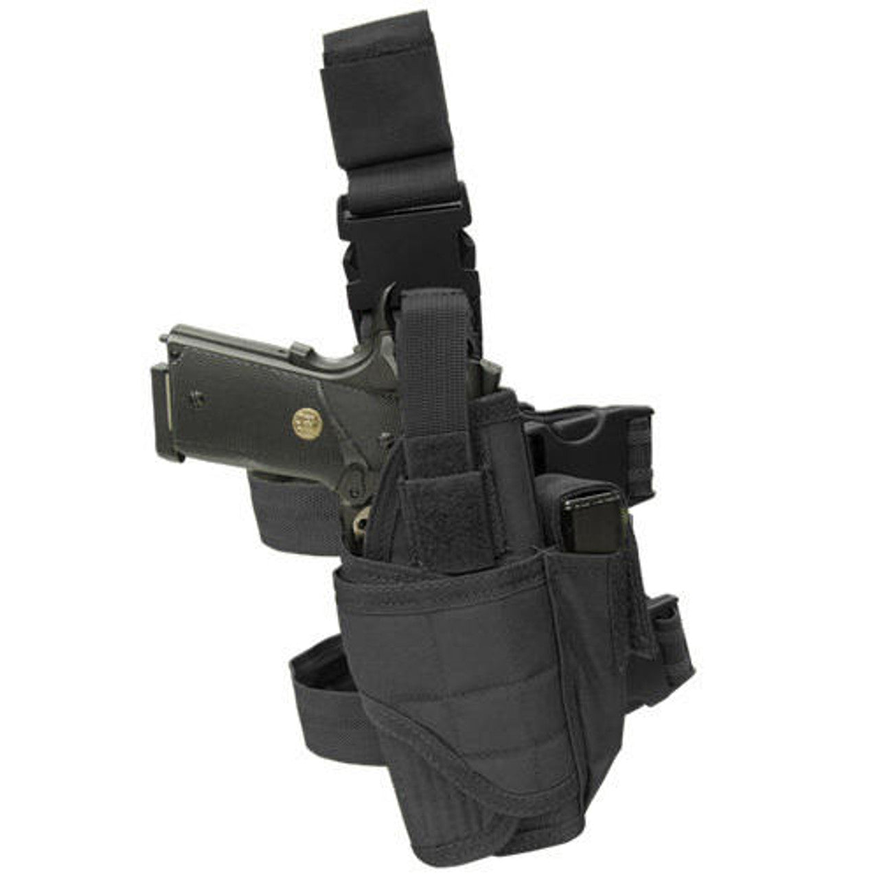 Condor Tornado Tactical Leg Holster in Black, featuring an adjustable wrap-around design, retention system, non-slip leg strap, and built-in magazine pouch, made from durable nylon material
