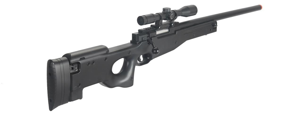 CYMA MK96 bolt action airsoft sniper rifle in black with 3-9x40 scope and textured thumbhole stock left angle view