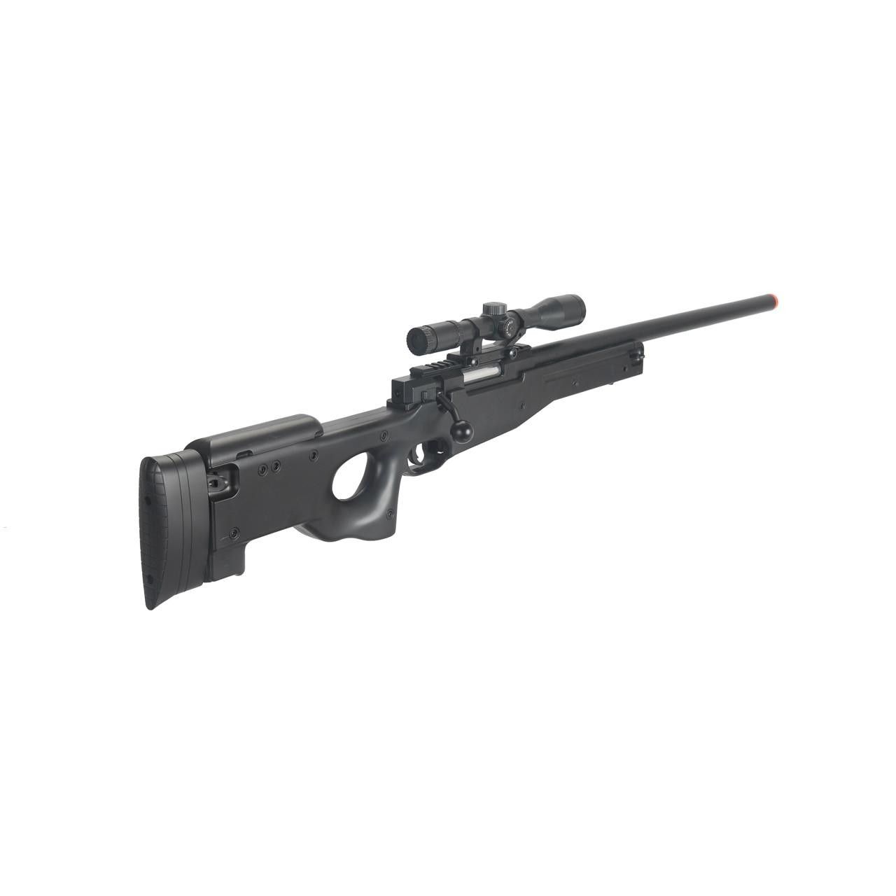 CYMA MK96 bolt action airsoft sniper rifle in black with 3-9x40 scope and textured thumbhole stock left angle view