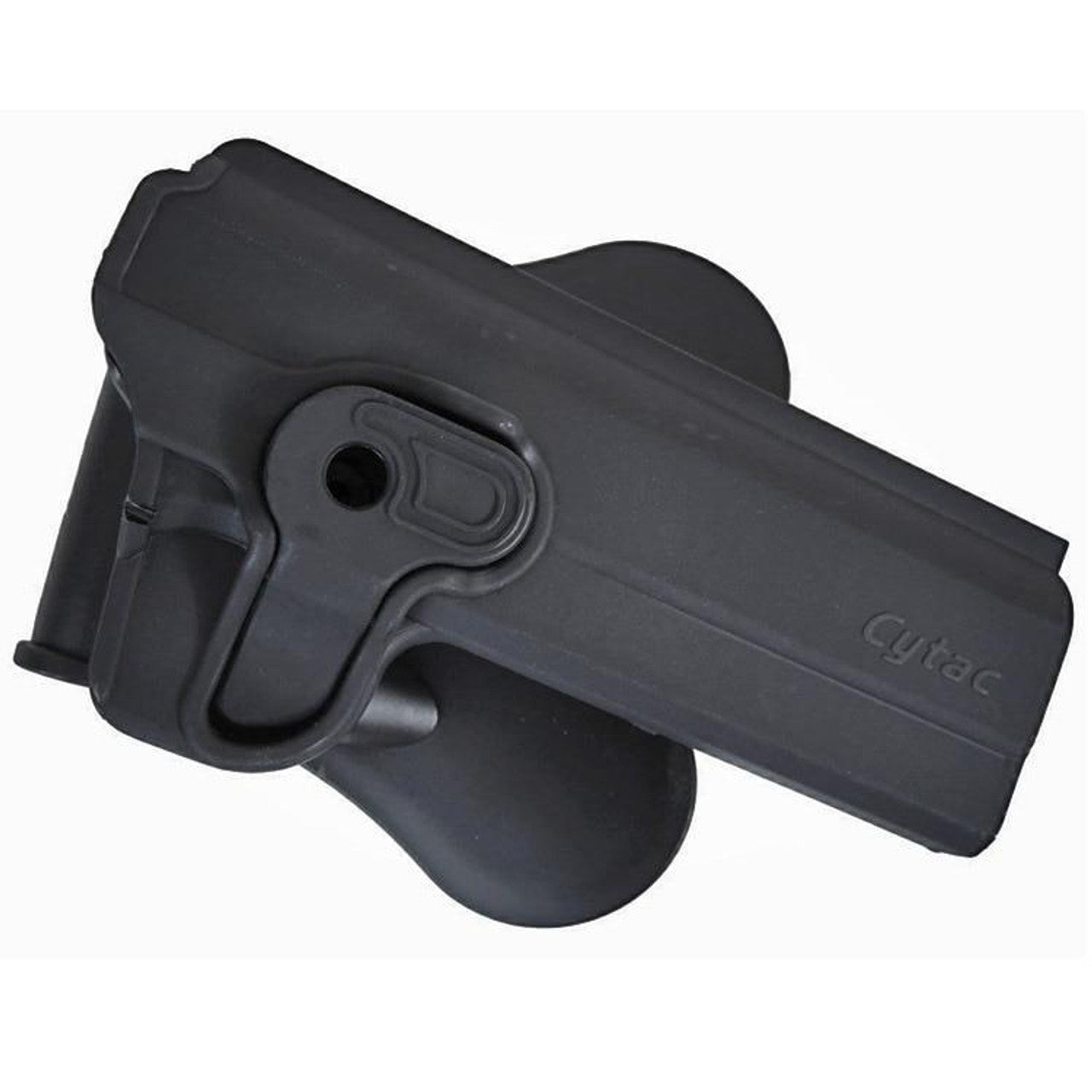 "Black Cytac 1911 Variant Pistol Holster made of durable polymer, featuring a paddle attachment and quick-release button for secure firearm retention and easy access