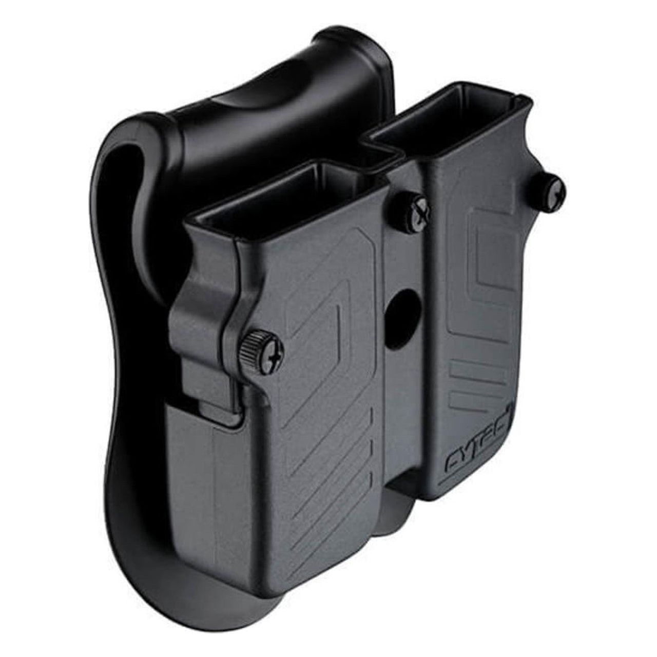 "Cytac Universal Double Magazine Pouch in Black, designed to hold two pistol magazines (9mm, .40, .45 caliber), featuring durable high-tech polymer material, adjustable tension screws, 360-degree rotation, and paddle design for secure attachment.