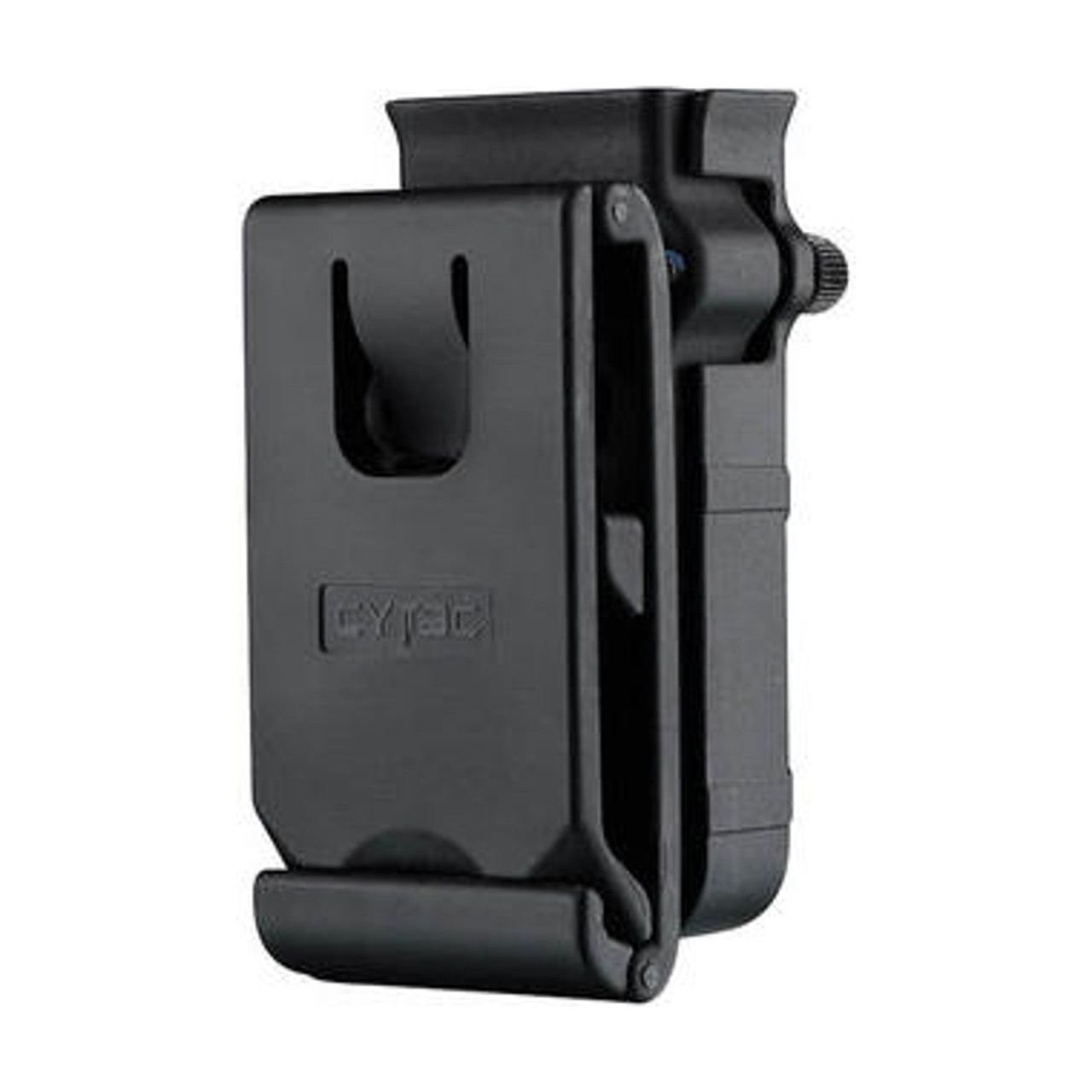 "Cytac Universal Single Magazine Pouch in Black, designed to hold one pistol magazine (9mm, .40, .45 caliber), featuring durable high-tech polymer material, adjustable tension screws, 360-degree rotation, and belt clip design for secure attachment.