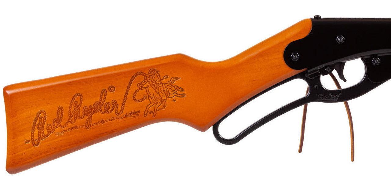 Daisy 1938 Red Ryder air rifle with classic wooden stock with engraved words Red Ryder with cowboy and horse