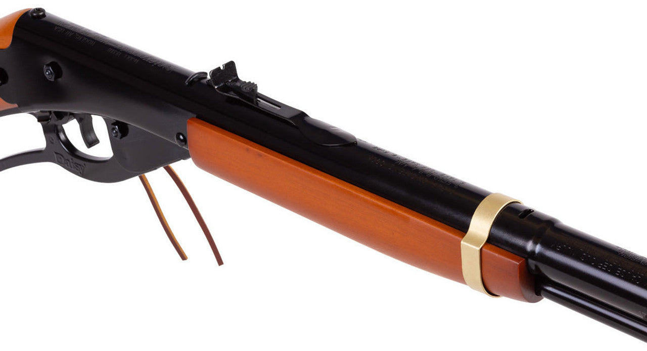 Daisy 1938 Red Ryder air Rifle with classic wooden stock showing trigger, and iron sight