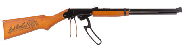 Side view of Daisy Adult Red Ryder Lasso Scoped BB Rifle cocking mechanism pulled and Red Rider