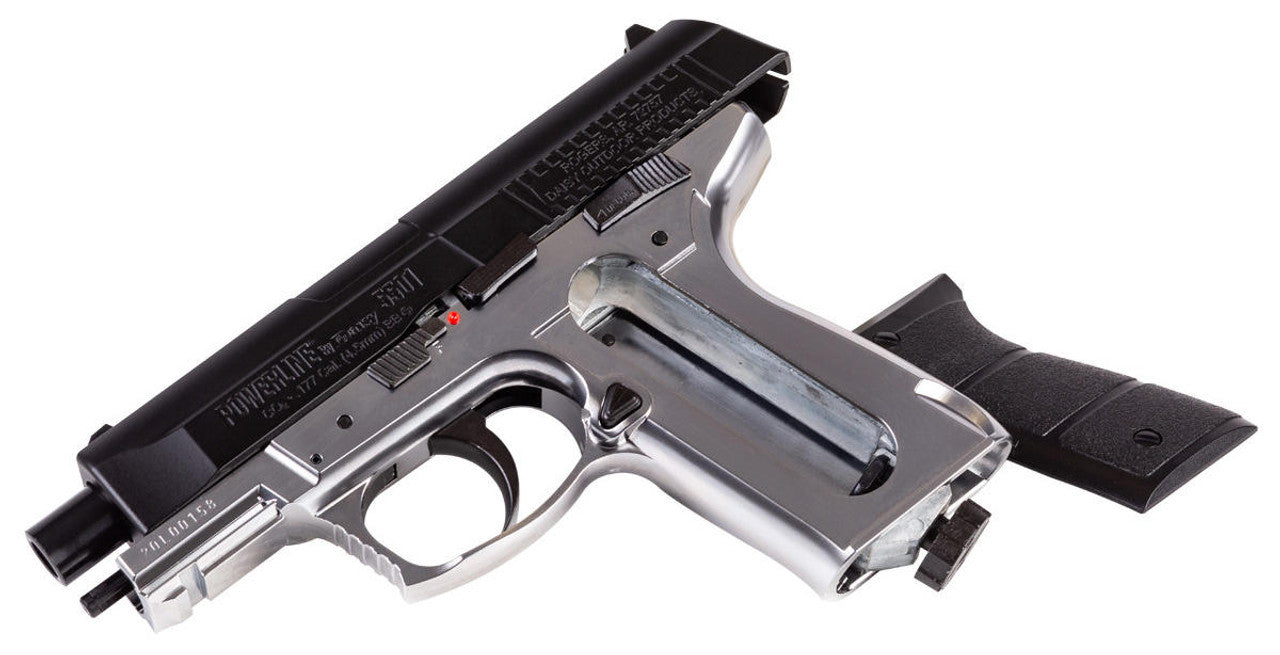 Daisy Powerline 5501 CO2 Powered 0.177 Cal Airgun on the table flat, with slider pulled back and CO2 compartment cover open