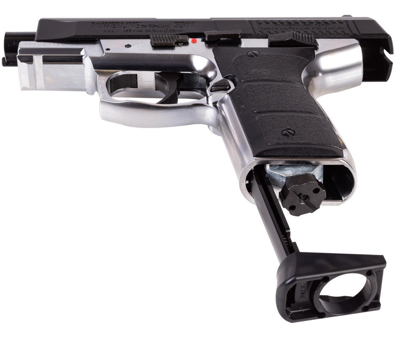 Daisy Powerline 5501 CO2 Powered 0.177 Cal Airgun with magazine sliding in the magazine compartment
