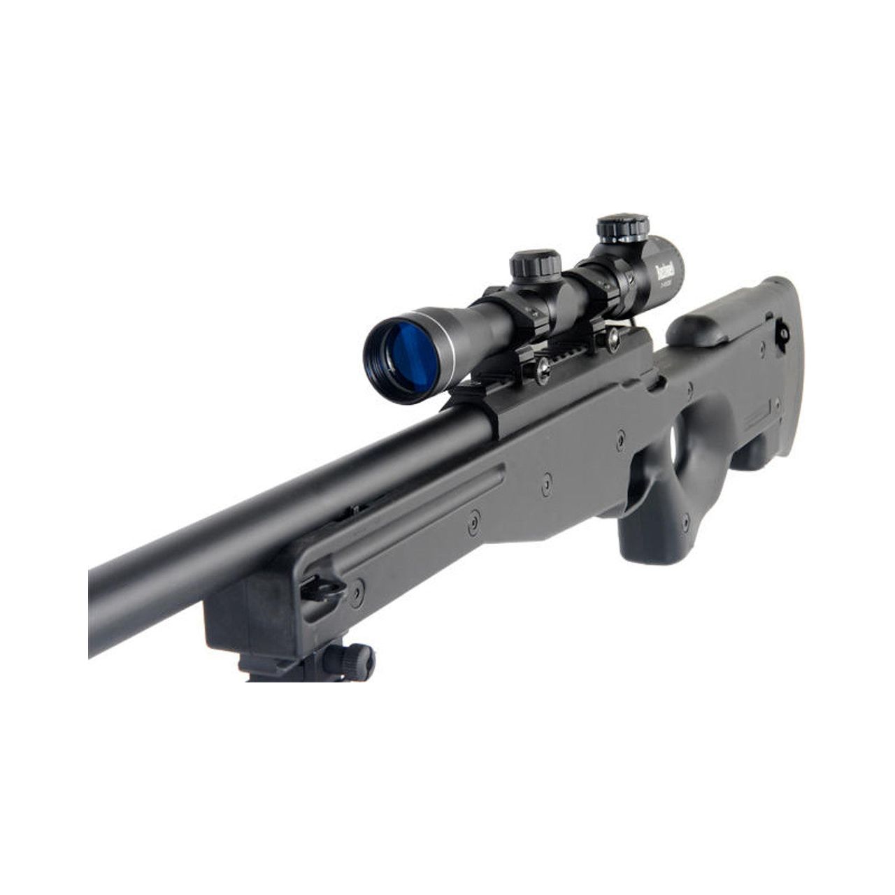 Double Eagle M59P Airsoft Sniper Rifle with a view of the mounted scope, showing the thumbhole grip and ergonomic stock design