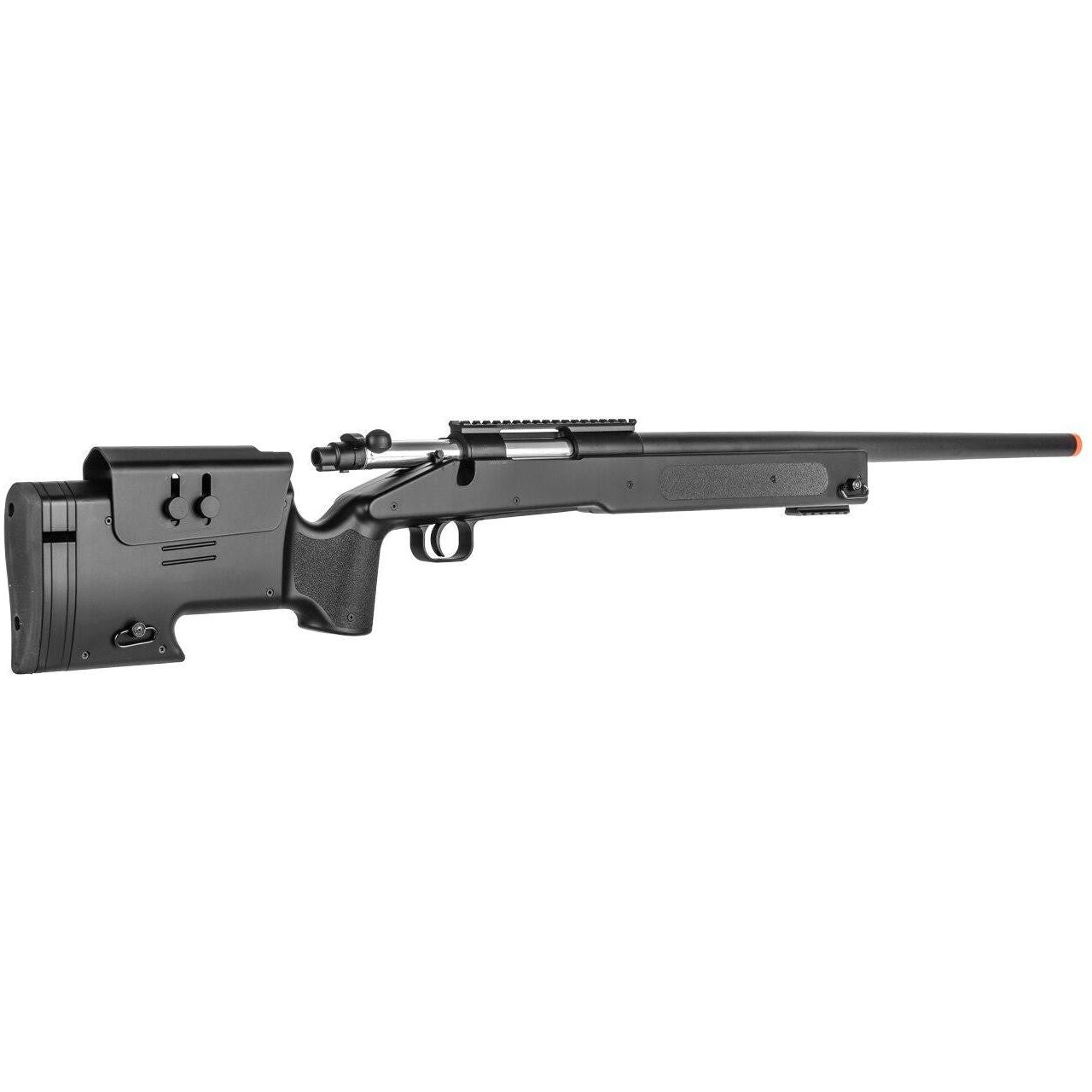 Double Eagle M62 Spring Powered Airsoft Sniper Rifle, Black, Stock, Bolt, and Barrel view