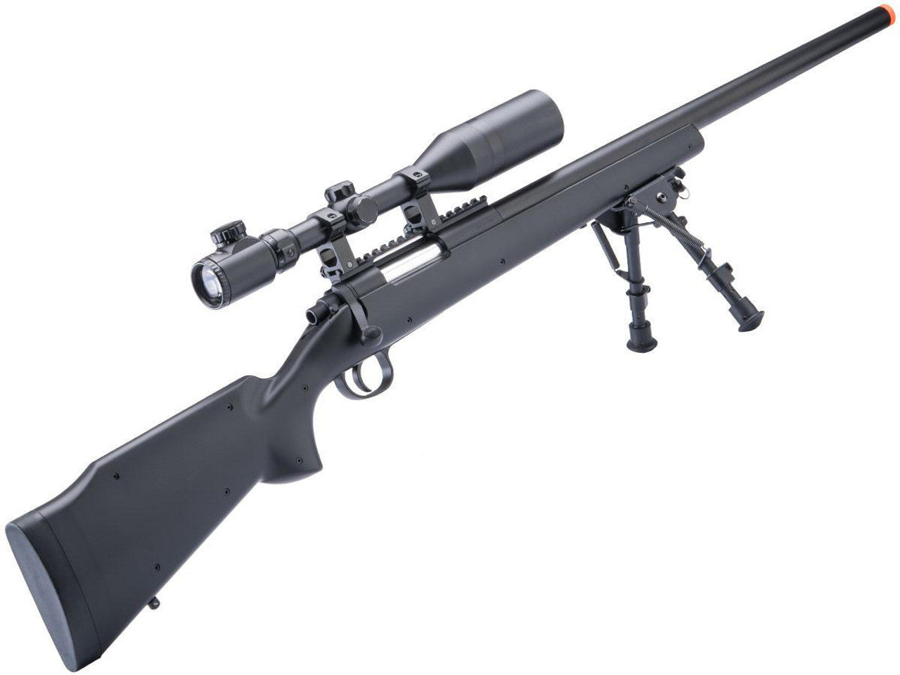 Double Eagle M61 black bolt action airsoft sniper rifle with bipod and scope mount