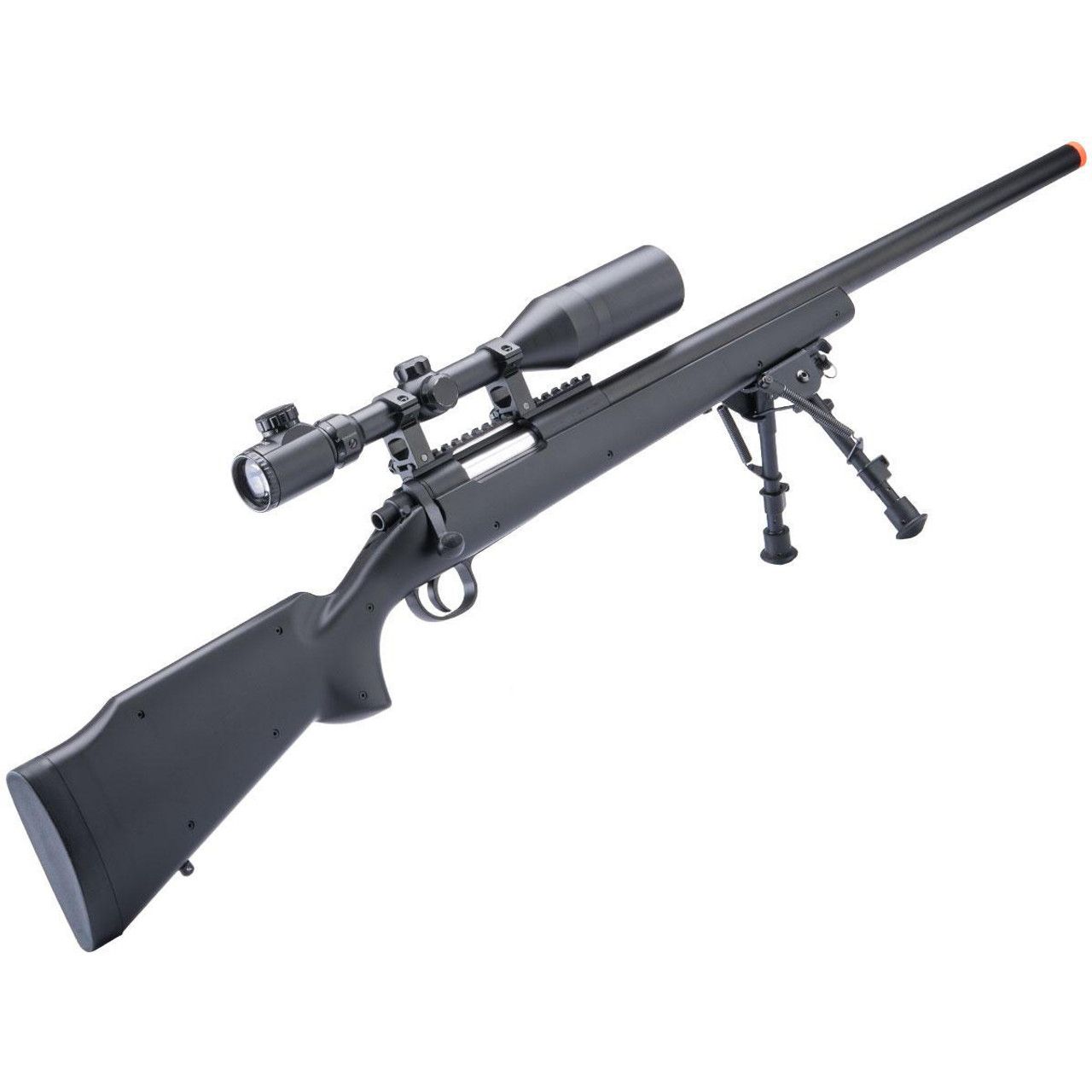 Double Eagle M61 black bolt action airsoft sniper rifle with bipod and scope mount
