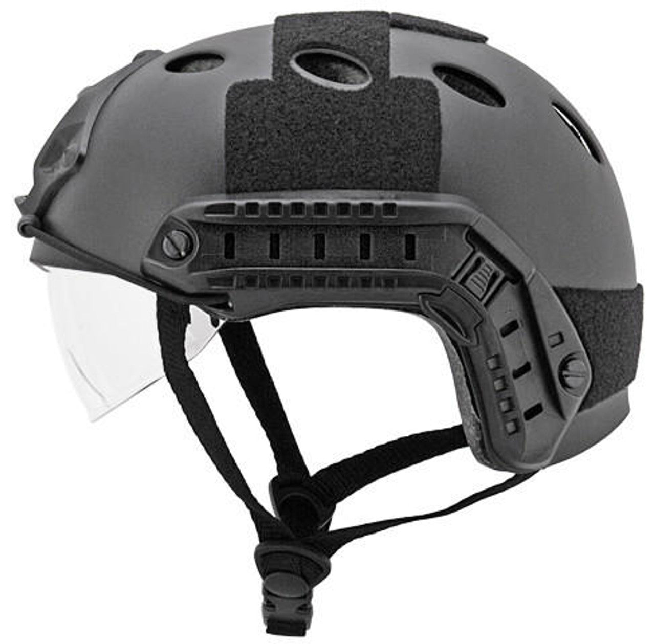 Emersongear PJ Type Basic Helmet with Visor in Black – Side view showcasing lightweight, durable construction and adjustable fit