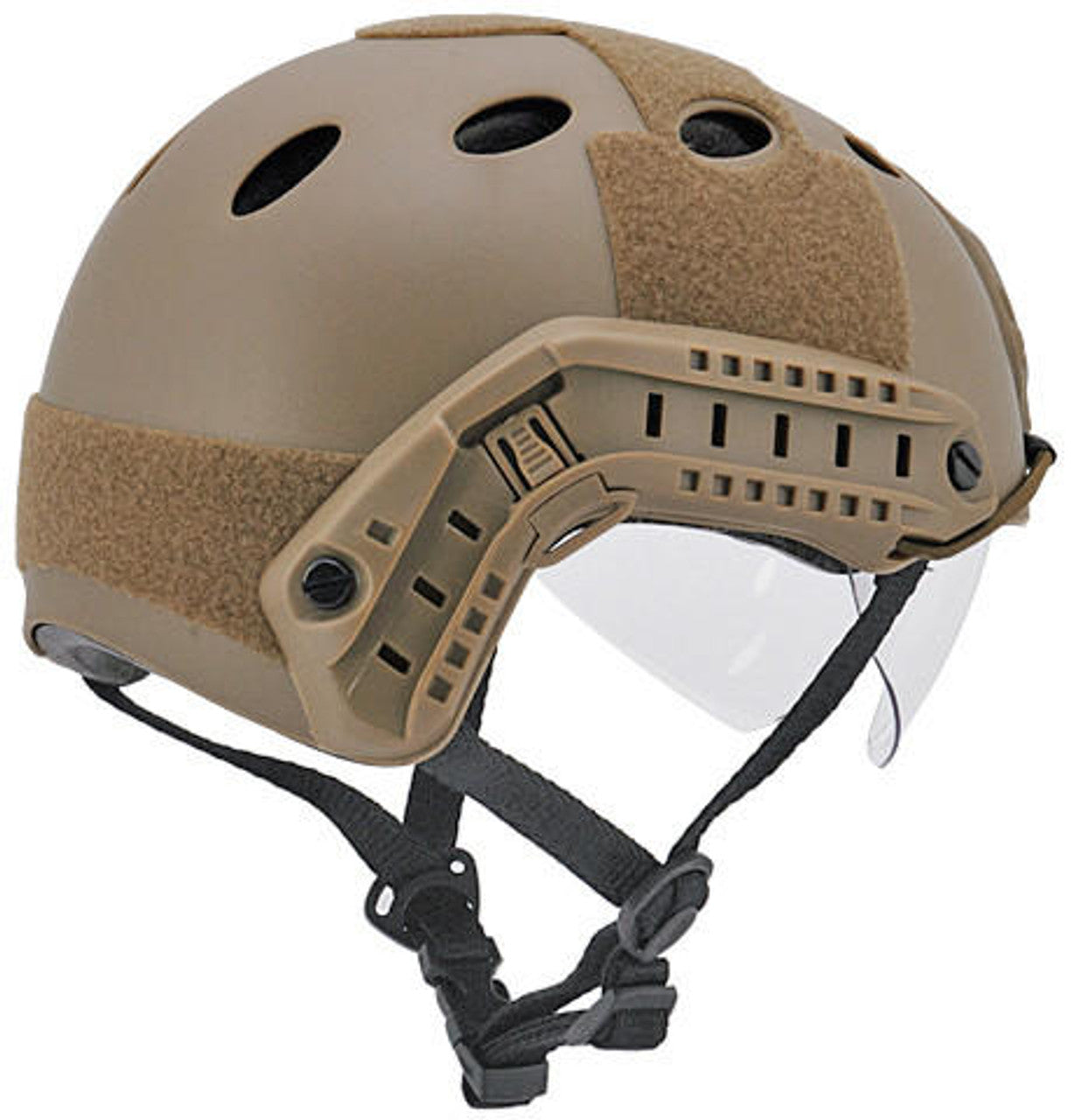 Emersongear PJ Type Basic Helmet with Visor in Dark Earth – Close-up of the built-in visor offering enhanced eye protection during airsoft games.