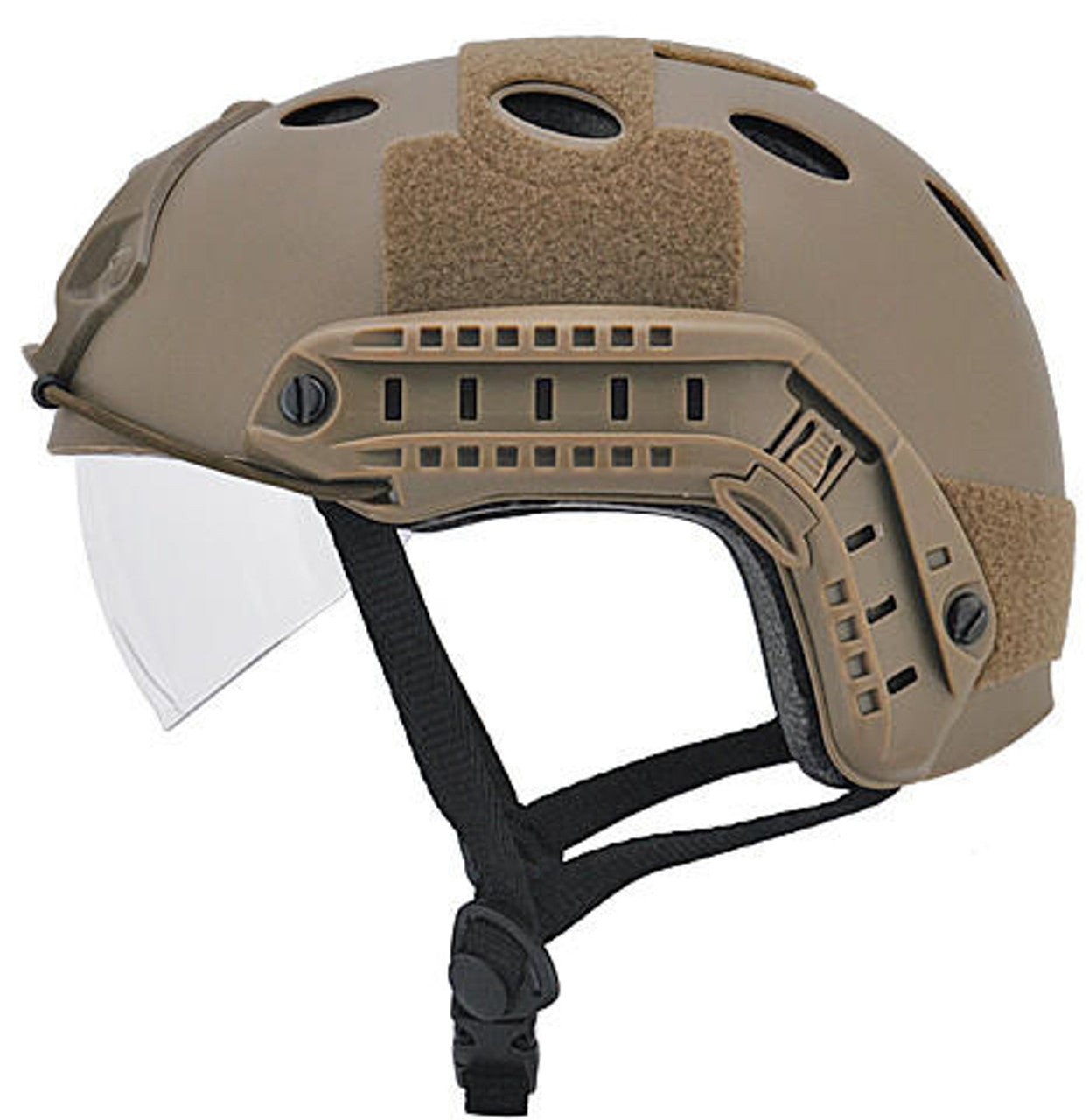 Emersongear PJ Type Basic Helmet with Visor in Dark Earth – Side view displaying lightweight construction and adjustable straps