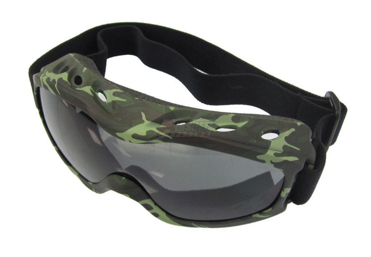 "Evader II FogStopper Goggles with a camo frame, smoke lenses for glare reduction, anti-fog FogStopper coating, and spacious design to fit over glasses