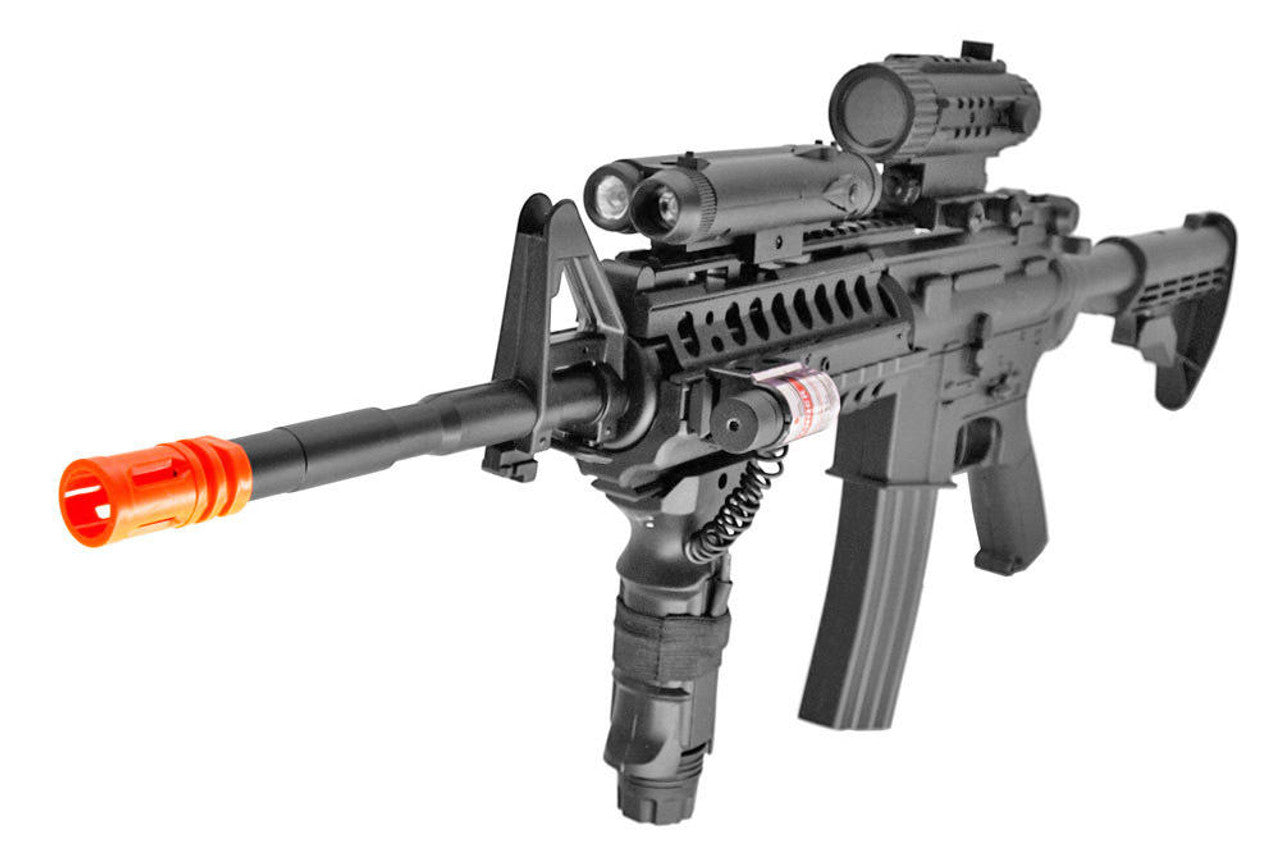 Firepower F4-D M4 Electric Airsoft Gun with flashlight, vertical grip, muzzle, stock, scope, and tactical light view
