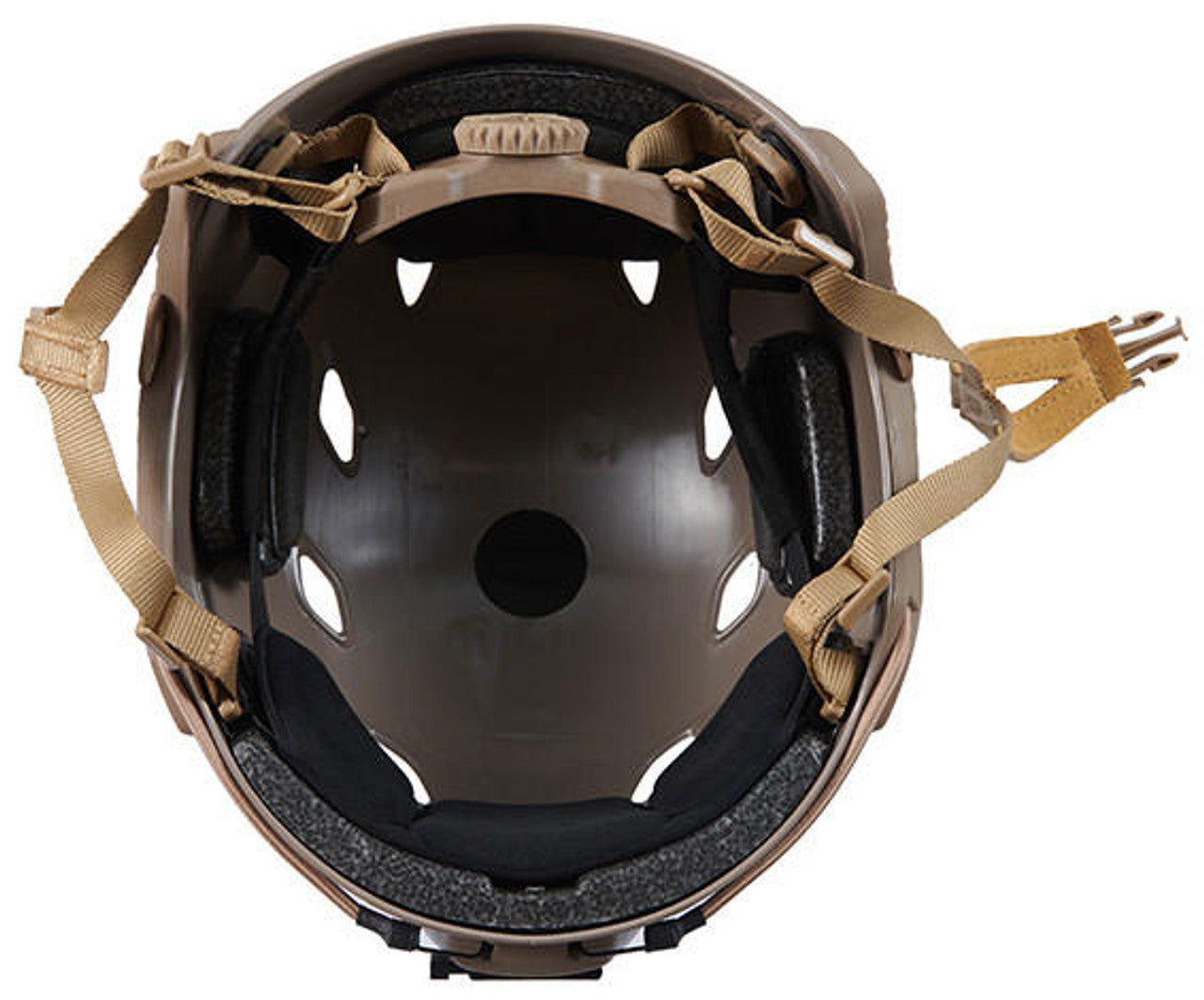 FMA Labs ACH Base Jump Helmet L/XL in Tan worn by an airsoft player, offering comfort and protection