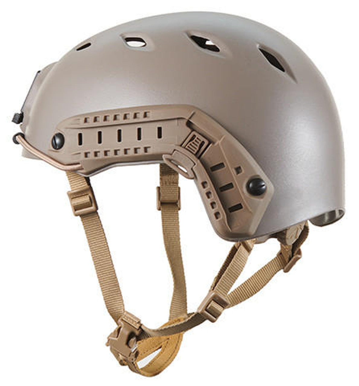 Close-up of the FMA Labs ACH Base Jump Helmet L/XL in Tan, highlighting the durable material and adjustable strap.