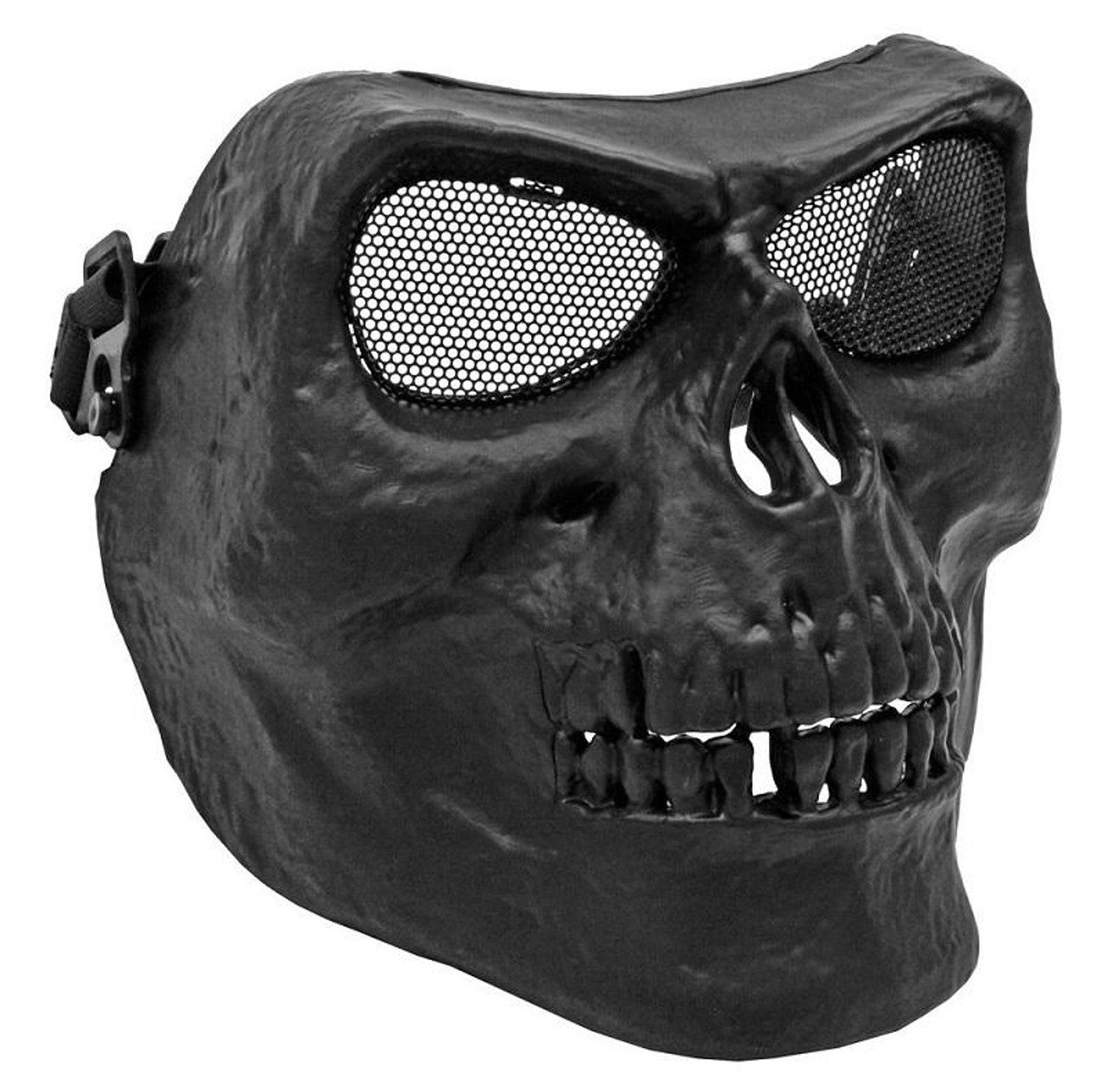 Full Face Skull Mask for Airsoft in black with durable polymer construction, metal mesh eye panels for protection and visibility, and an adjustable elastic strap for comfort.