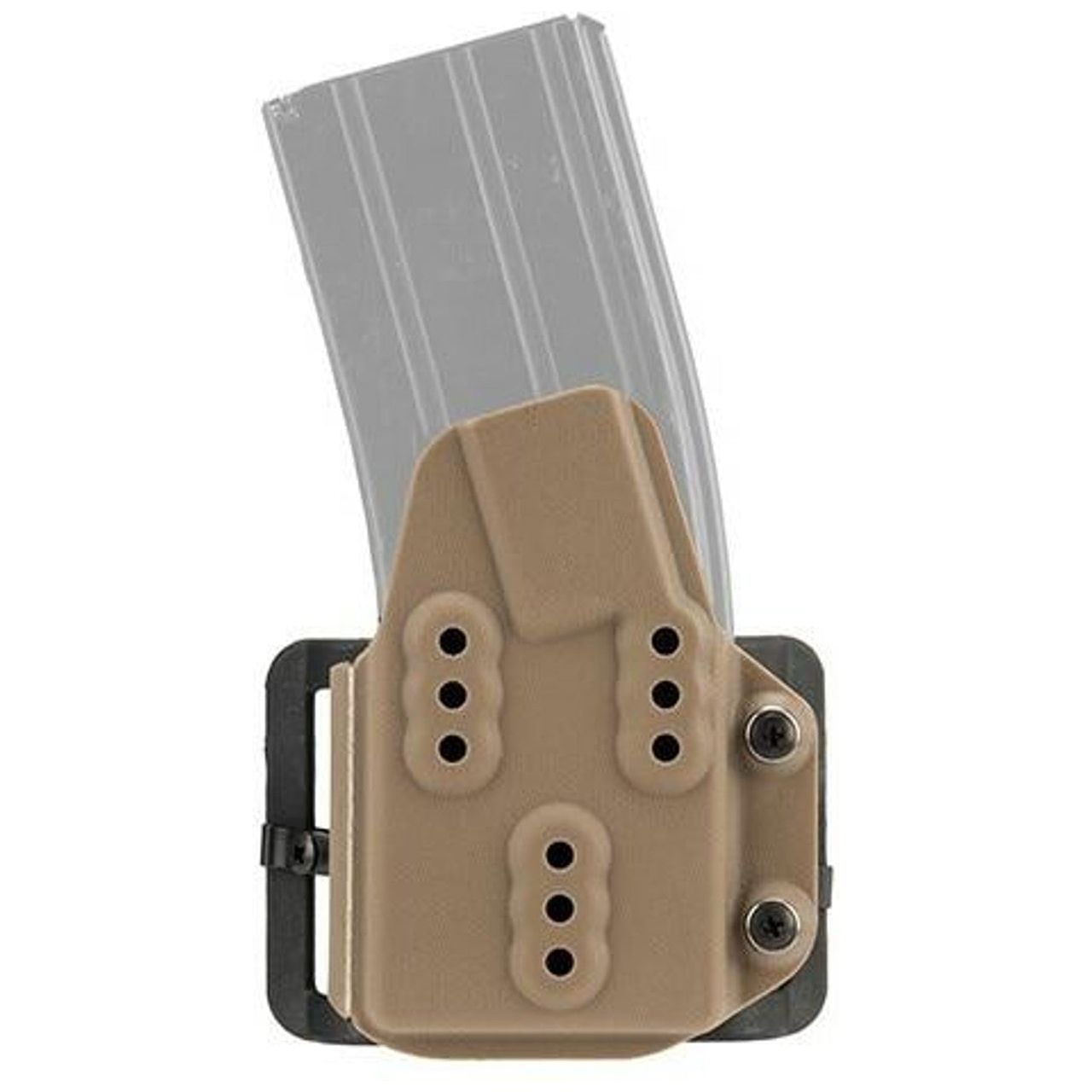G-Force Kydex Magazine Hardshell M4 Pouch in Tan, designed to securely hold an M4 magazine, featuring durable hardshell construction and MOLLE compatibility. view with Airsoft Magazine in the pouch
