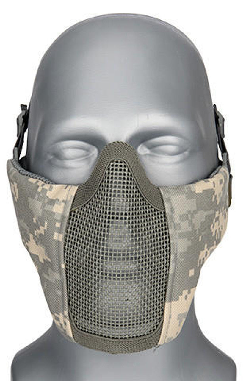 Close-up of G-Force Tactical Steel Mesh Face Mask with ACU camouflage pattern