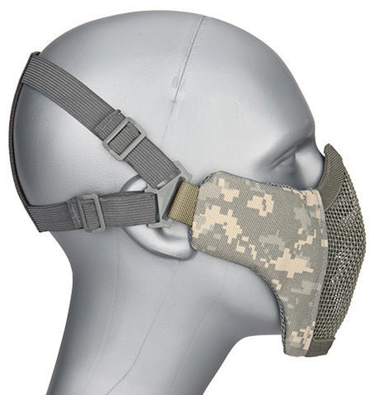Side view of G-Force Airsoft Steel Mesh Face Mask with ACU Camouflage and V1 Scout Upgrade"
