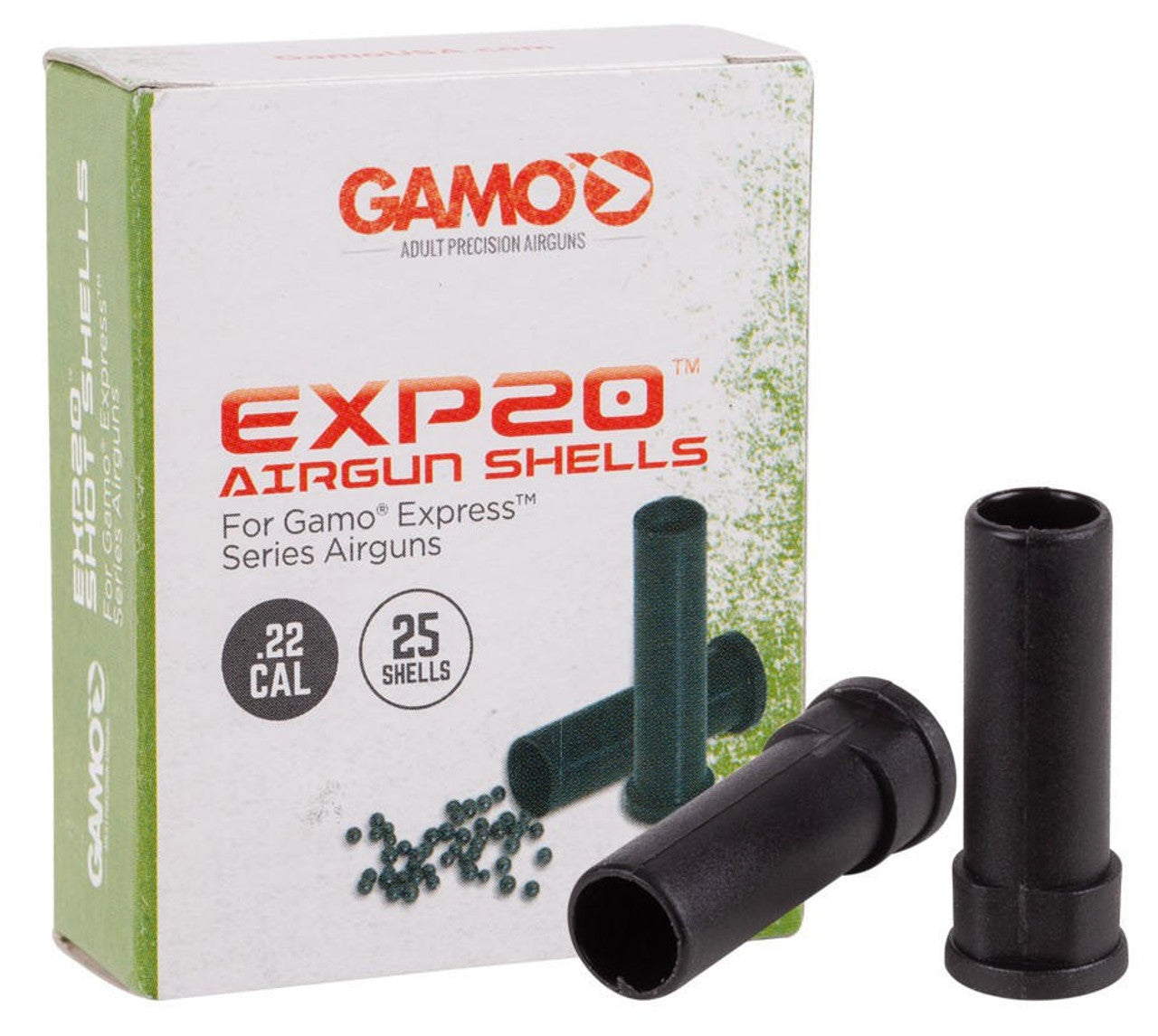 Gamo EXP20 black shotshells 20-pack for Viper and Shadow Express .177 caliber air shotguns, shown in cartridge layout with branded packaging.