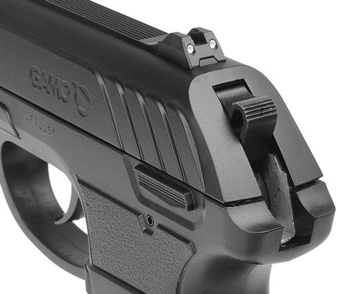 Gamo P-25 CO2 Powered 0.177 Cal Air Pistol view of iron sight and the hammer