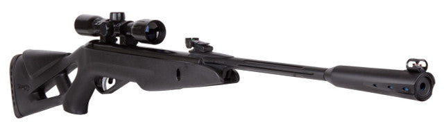 Right angle view of Side profile of Gamo Silent Cat .177 Cal Air Rifle showing black synthetic stock and scope mounted.