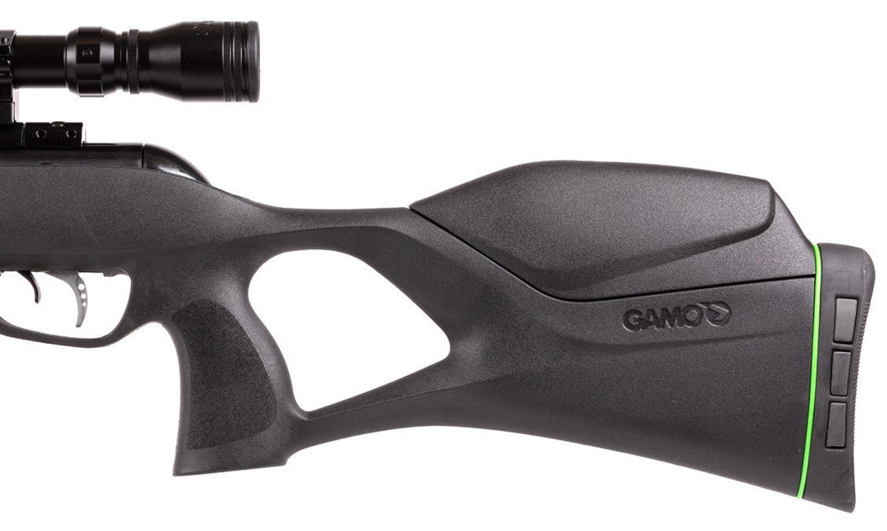 Gamo Swarm Fusion 10X Gen2 .177 Cal Air Rifle view of the rifle stock, trigger, and scope