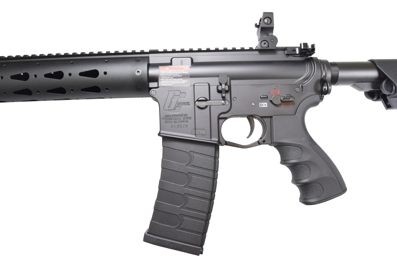 G&G GC16 Combat Machine FFR 12" AEG magazine, trigger, pistol grip, back sight, and extended stock
