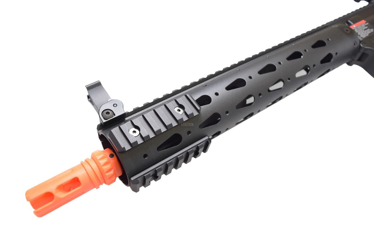 G&G GC16 Combat Machine FFR 12" AEG with view of muzzle, front sight, side and bottom railling