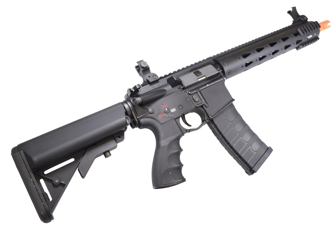 G&G GC16 Combat Machine FFR 12" AEG with right side view of stock, pistol grip, magazine, front and back sight, and the muzzle