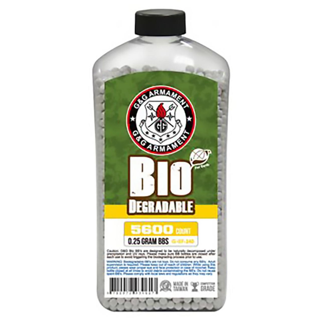 5600-count bottle of G&G Perfect 0.25g biodegradable white airsoft BBs, ideal for AEGs and outdoor use