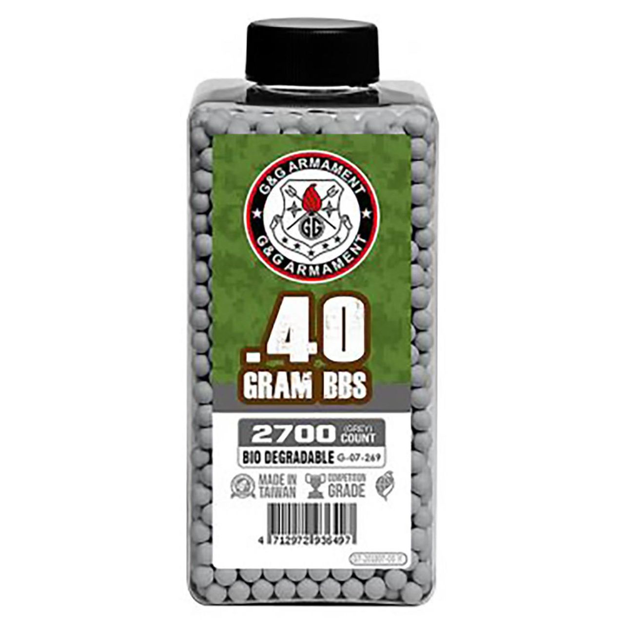 2700-count bottle of G&G Perfect 0.40g biodegradable grey airsoft BBs designed for precision and long-range sniper rifles