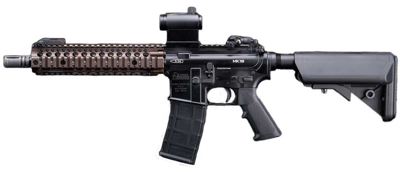 Golden Eagle 6mmProShop Daniel Defense Licensed MK18 gas blowback airsoft rifle full view, two-tone black and FDE