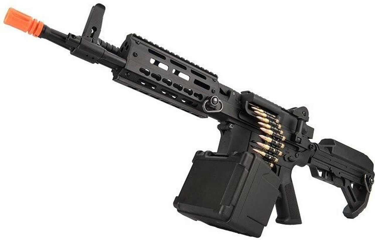 Golden Eagle MCR Short Barrel LMG Airsoft Rifle in black - muzzle and Magazine box view