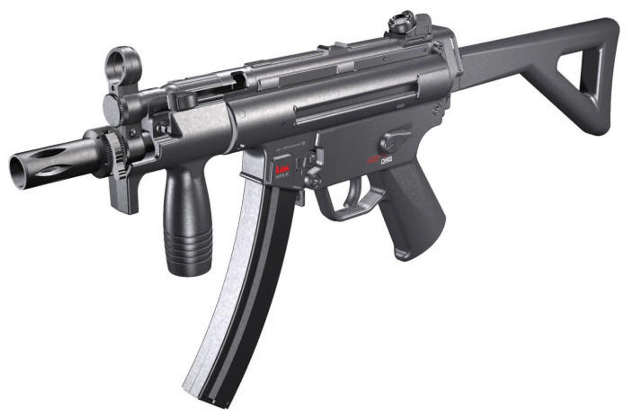 H&K MP5 K-PDW airgun displaying muzzle, curved magazine, trigger, pistol grip, folding stock, and front and rear sights.