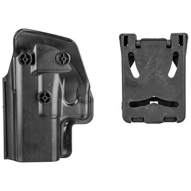 "Image of the Hard Shell Pistol Holster in black. The holster features rugged polymer construction with a hard shell design for durable protection. It includes an innovative locking mechanism, adjustable retention screws, and a quick-release button for rapid drawing. The sleek black finish gives it a modern tactical look