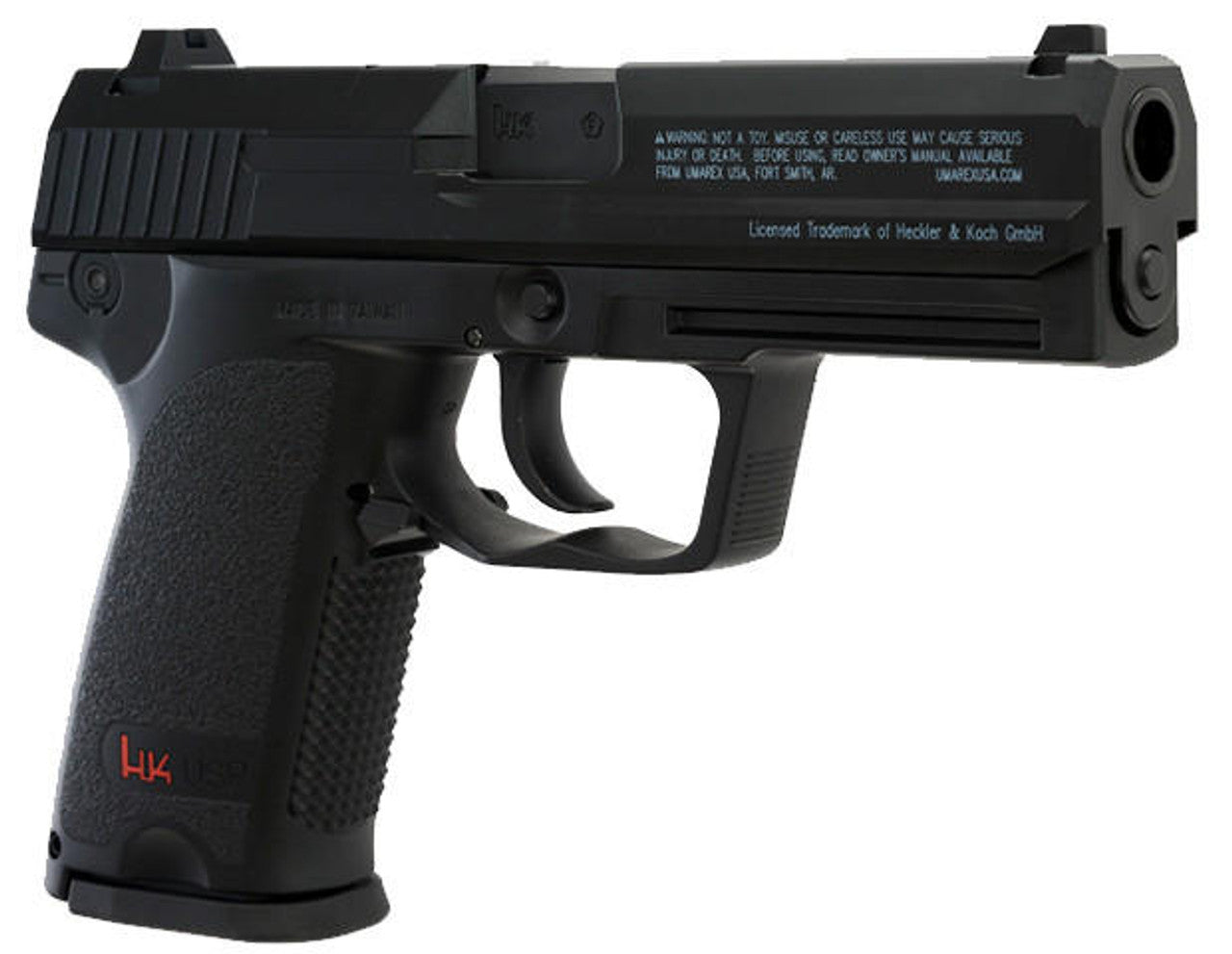 HK USP CO2-powered .177 caliber air pistol right angle view showing pistol grip with H&K logo, trigger, safety switch, and muzzle