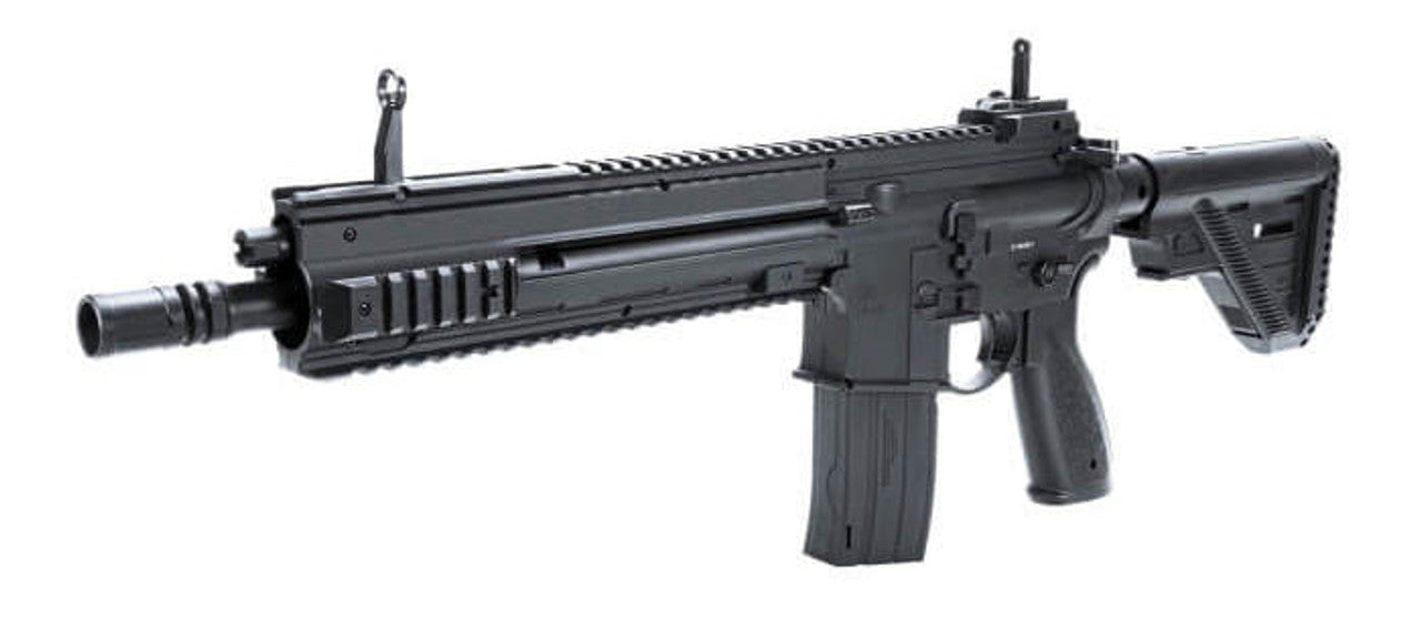 Left side view of Detailed view of the HK 416 .177 CO2 Air Rifle highlighting the muzzle, precision front and rear sights, detachable magazine, tactical trigger, ergonomic pistol grip, manual safety switch, and adjustable stock.