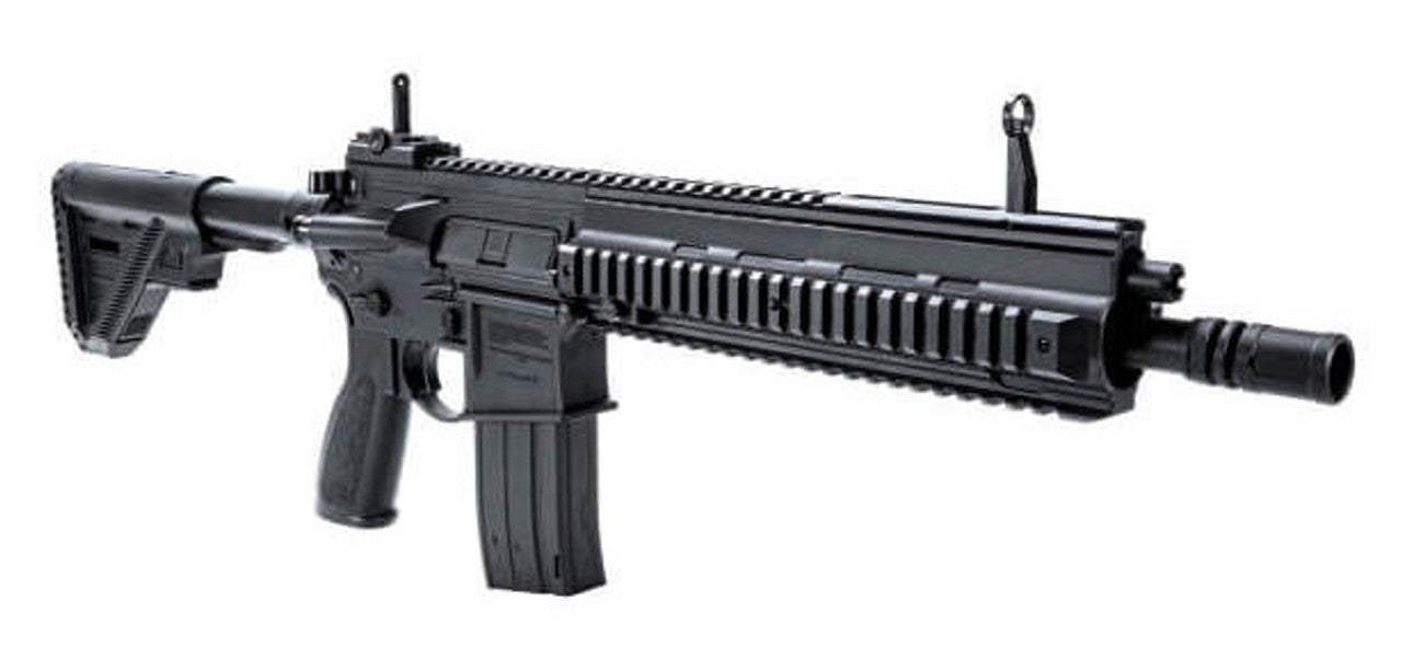 Detailed view of the HK 416 .177 CO2 Air Rifle highlighting the muzzle, precision front and rear sights, detachable magazine, tactical trigger, ergonomic pistol grip, manual safety switch, and adjustable stock.