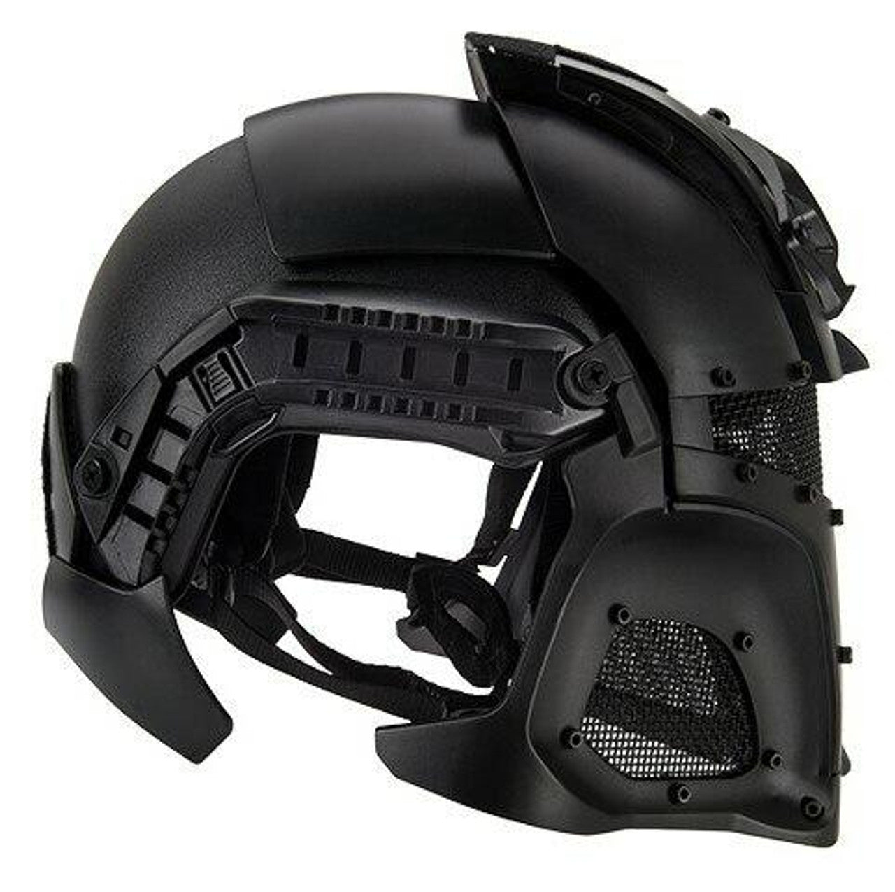 Side view of the Interstellar Battle Trooper Full Face Airsoft Helmet in Black, showcasing the adjustable fit and tactical design