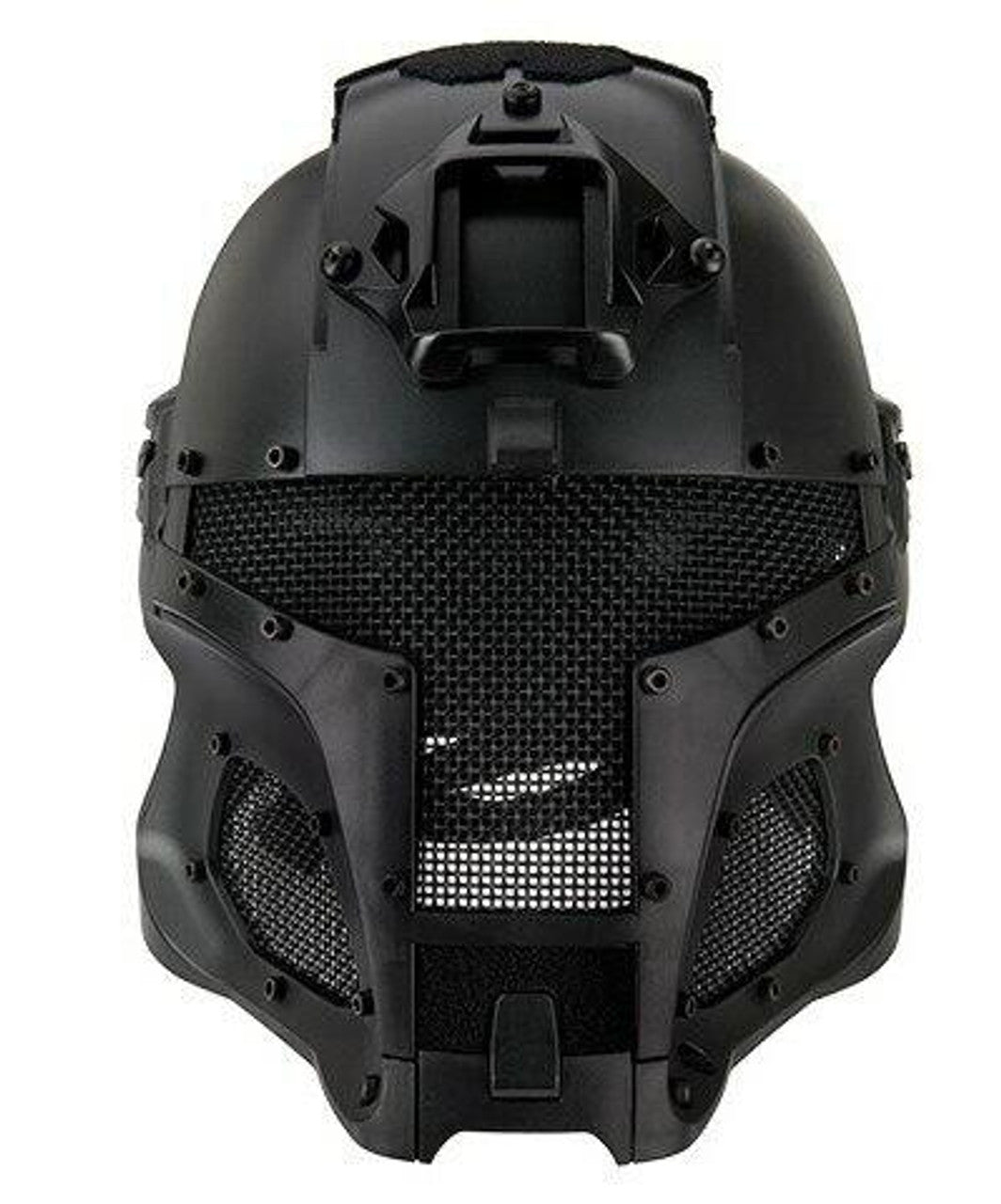 Close-up of the Interstellar Battle Trooper Full Face Airsoft Helmet in Black, highlighting the sturdy build and breathable materials.