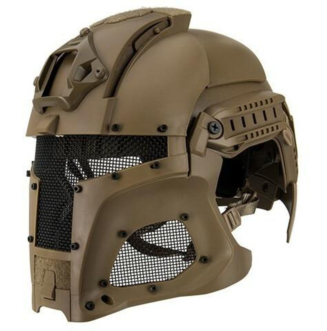 Interstellar Battle Trooper Full Face Airsoft Helmet Tan Side View – Tactical Helmet with Adjustable Fit and Full Face Coverage