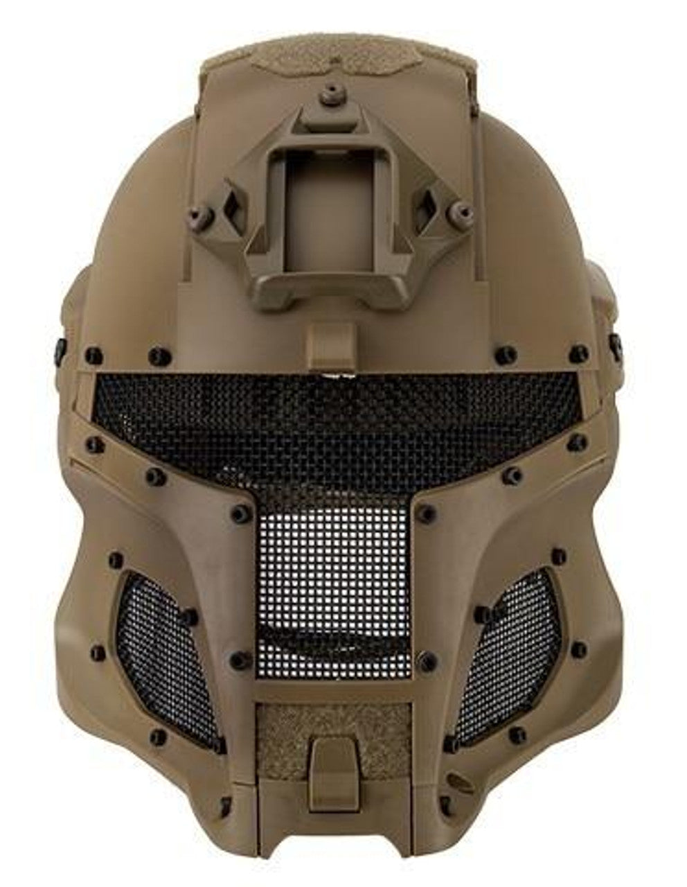 Interstellar Battle Trooper Full Face Airsoft Helmet Tan Front View – Full Face Protection with Visor for Airsoft