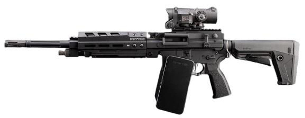 KRYTAC Trident LMG-M Enhanced M-LOK Airsoft AEG in black with box magazine side view