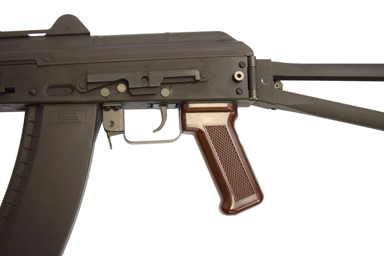 KWA AKG-74U gas blowback airsoft rifle, view of trigger, pistol grip, and folding stock