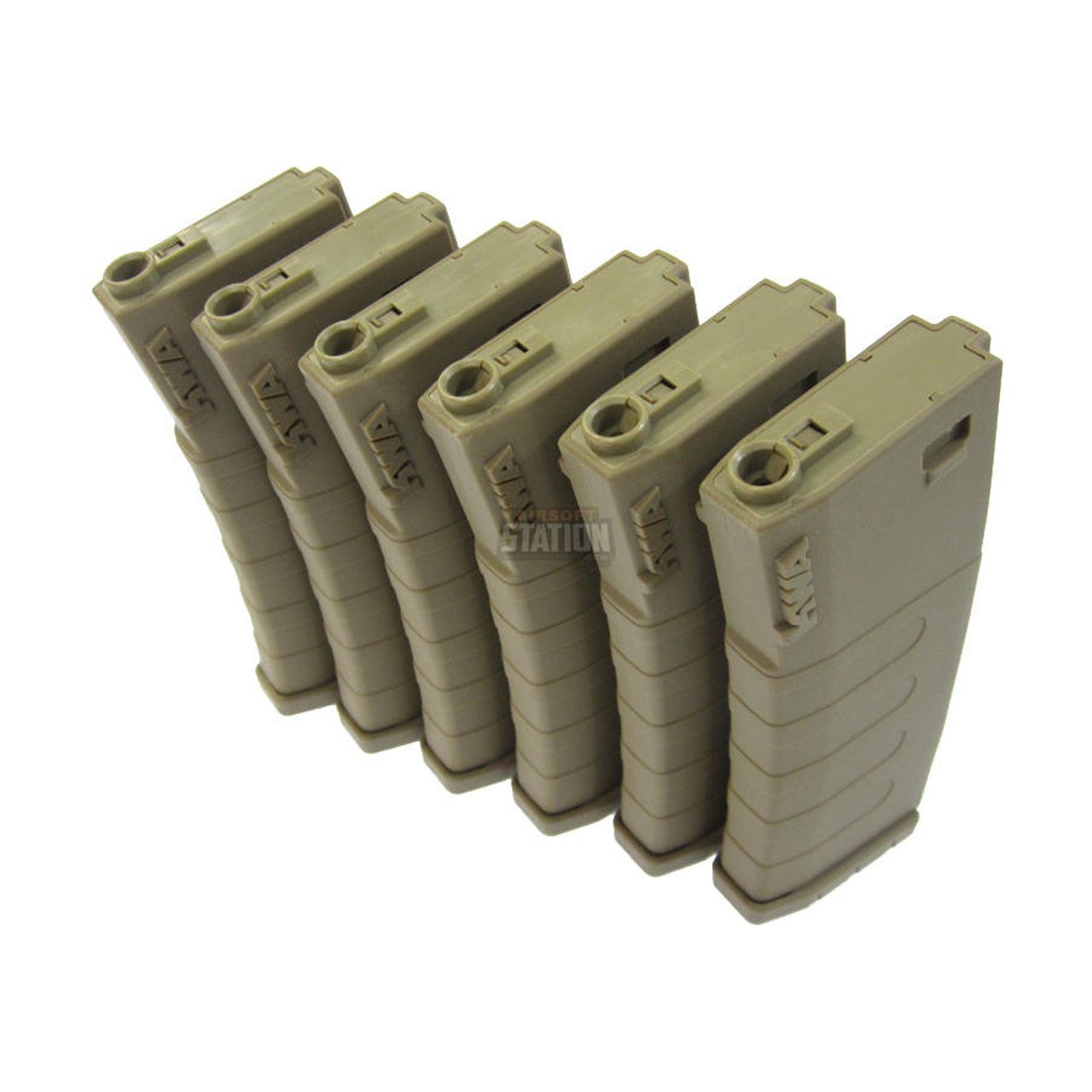 Set of six KWA K120 Polymer Midcap Magazines for M4 / M16 Series Airsoft AEG Rifles, each with 120-round capacity, made from durable polymer material, and colored in flat dark earth (FDE).