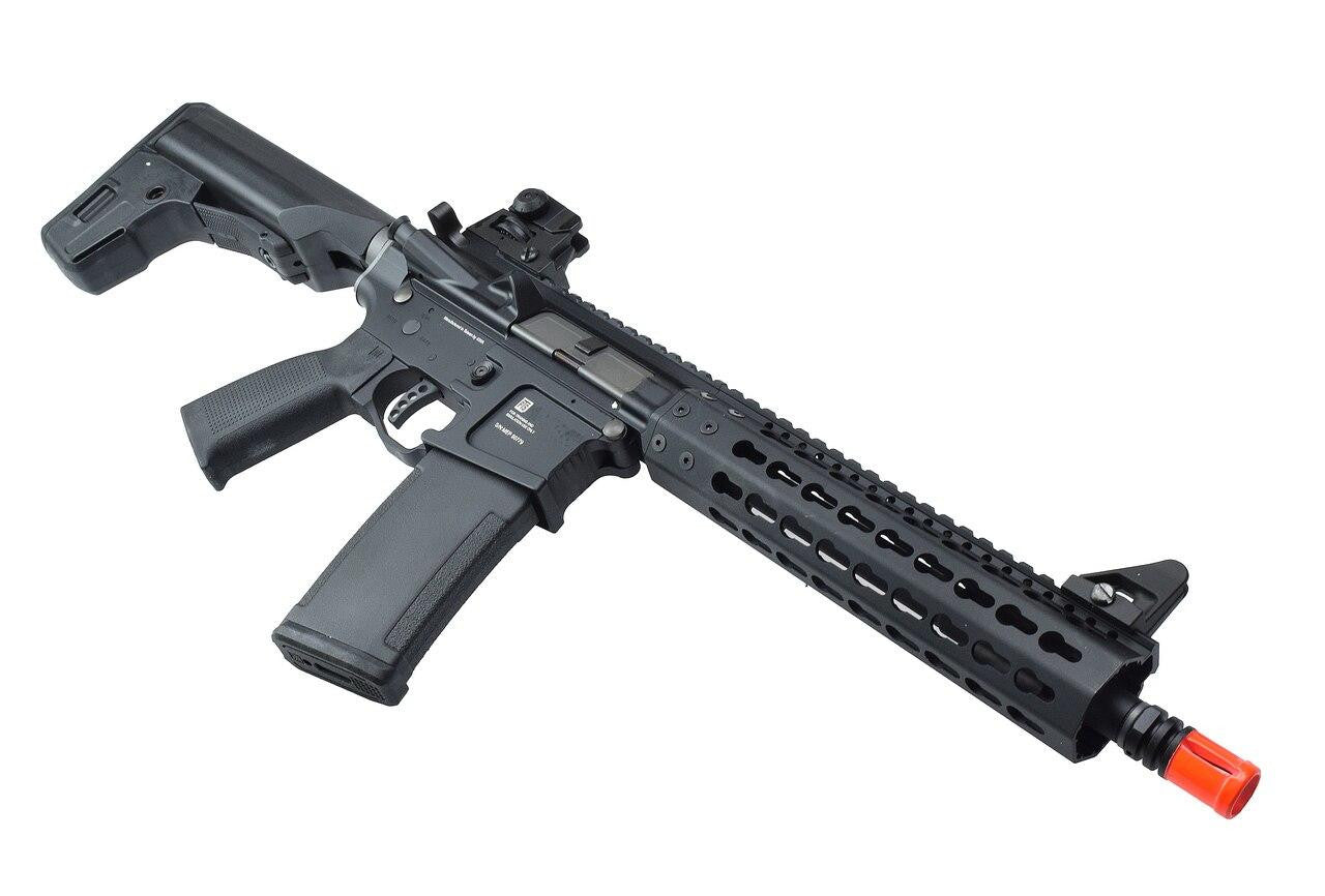 KWA PTS Mega Arms MKM AR-15 CQB Gas Airsoft Rifle, black side profile - right angle view